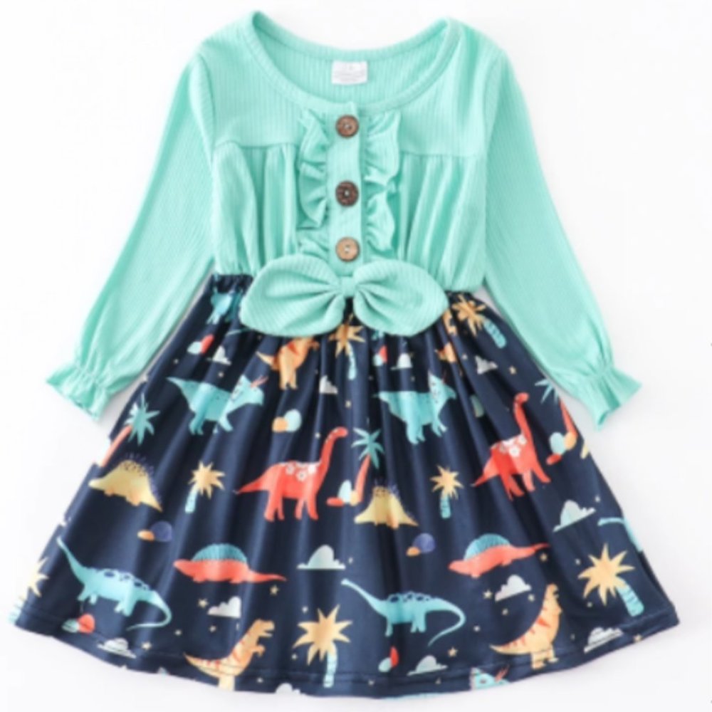 Boutique Dinosaur Long Sleeve Girls Tie Dress